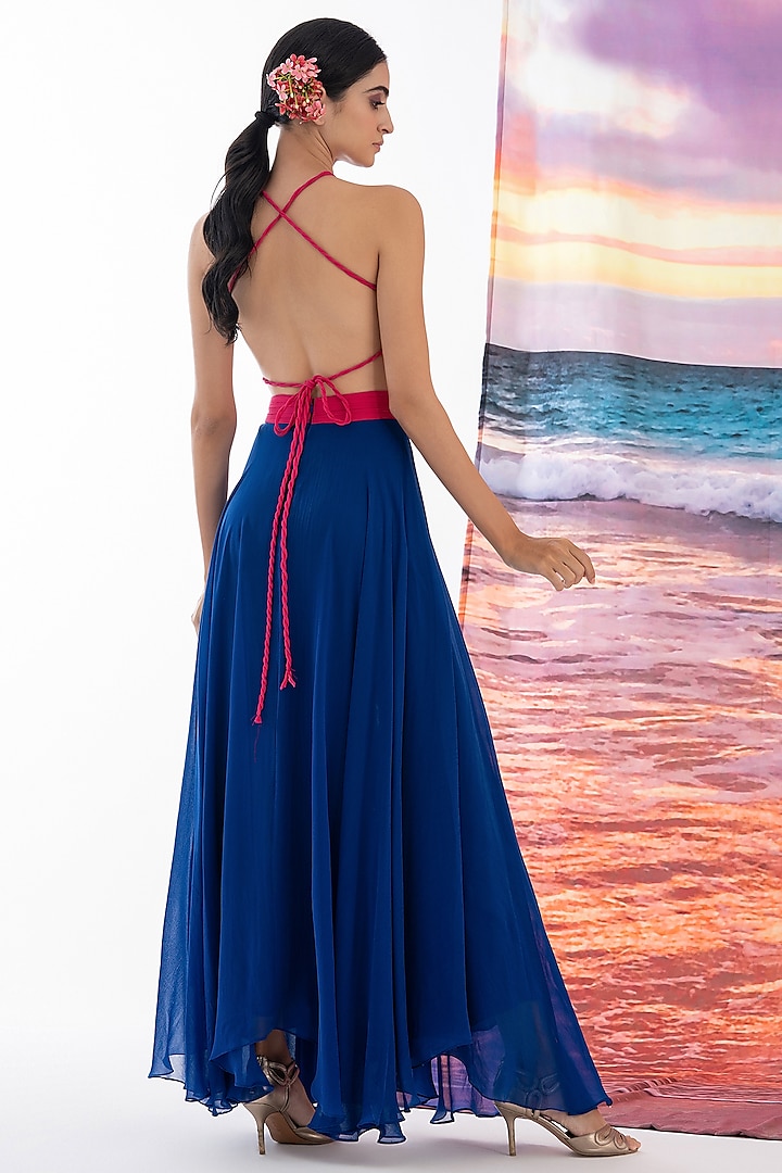Blue Viscose Georgette & Metallic Yarn Maxi Summer Dress by AMRTA By Guneet Kondal at Pernia's Pop Up Shop