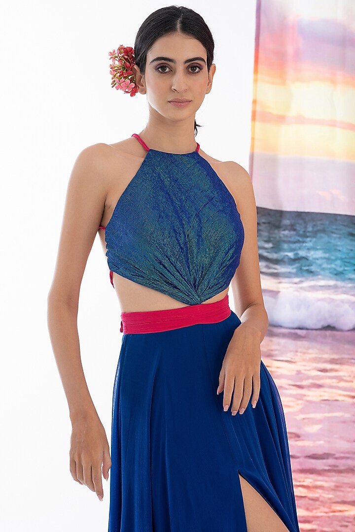Blue Viscose Georgette & Metallic Yarn Maxi Summer Dress by AMRTA By Guneet Kondal at Pernia's Pop Up Shop