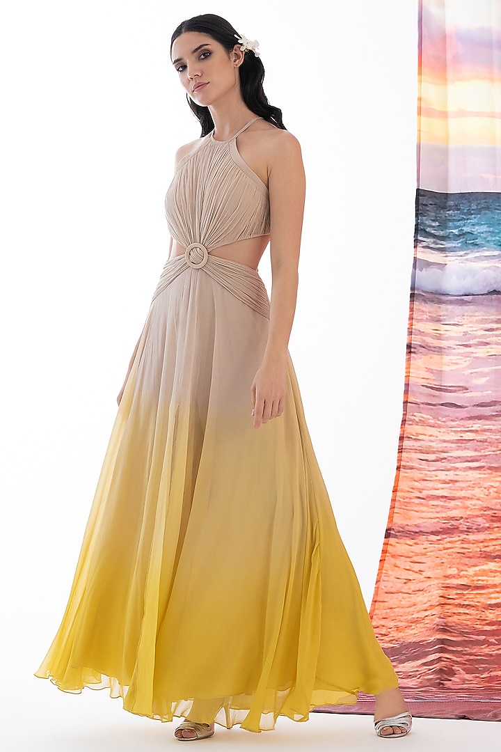 Neutral Yellow Ombre Viscose Georgette Maxi Dress by AMRTA By Guneet Kondal at Pernia's Pop Up Shop