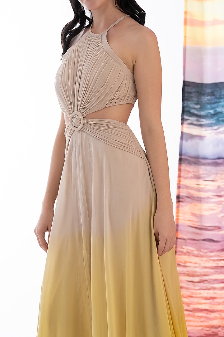 Neutral Yellow Ombre Viscose Georgette Maxi Vacation Dress by AMRTA By Guneet Kondal at Pernia's Pop Up Shop