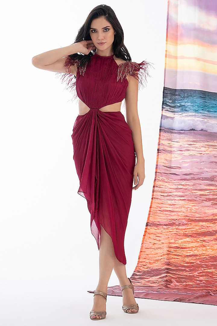 Berry Chinon Cut-Out Dress by AMRTA By Guneet Kondal