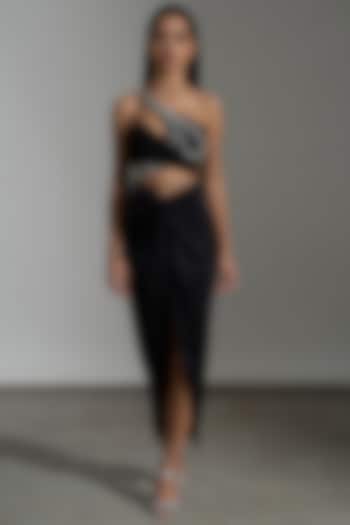 Black Satin Draped Skirt Set by AMRTA By Guneet Kondal