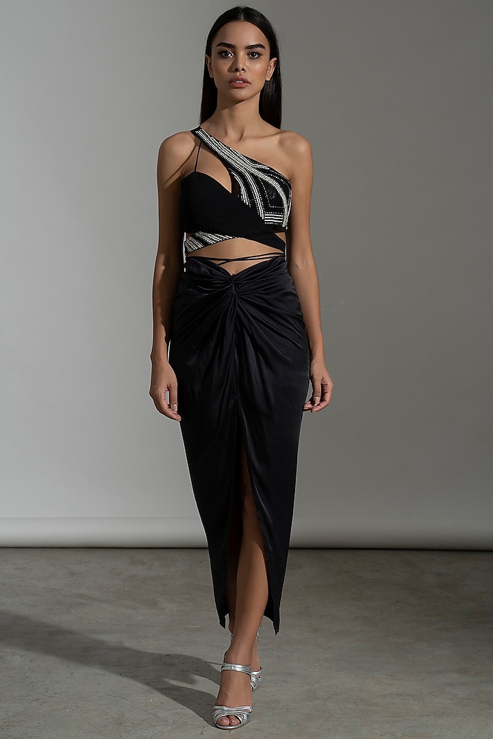 Black Satin Draped Skirt Set by AMRTA By Guneet Kondal