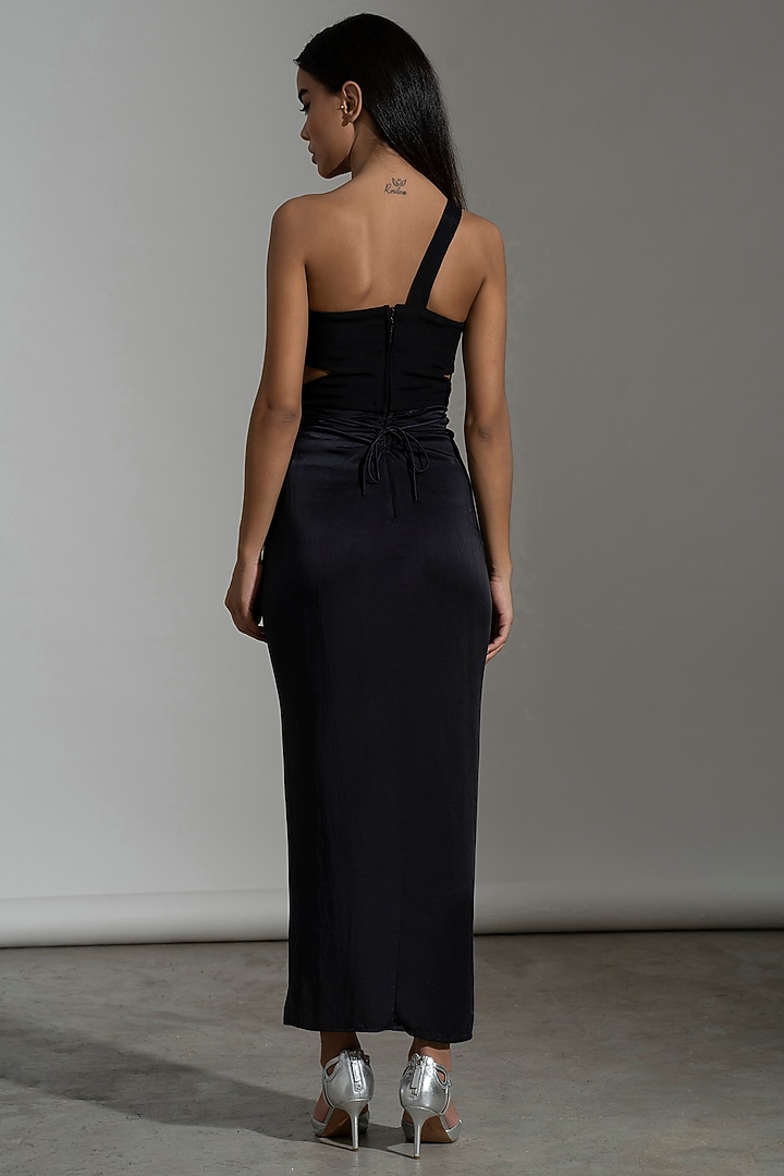 Black Satin Draped Skirt Set by AMRTA By Guneet Kondal at Pernia's Pop Up Shop