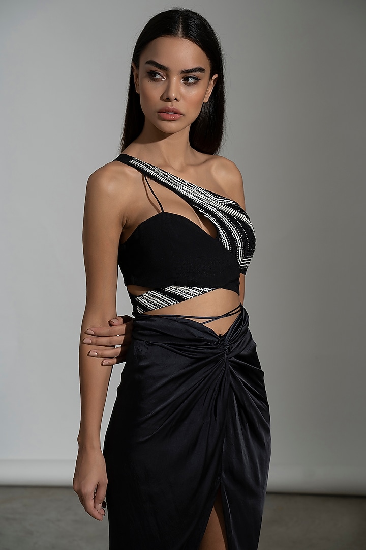 Black Satin Draped Skirt Set by AMRTA By Guneet Kondal at Pernia's Pop Up Shop