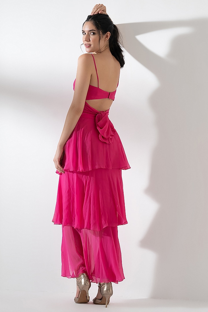 Pink Viscose Georgette Tiered Skirt Set by AMRTA By Guneet Kondal at Pernia's Pop Up Shop
