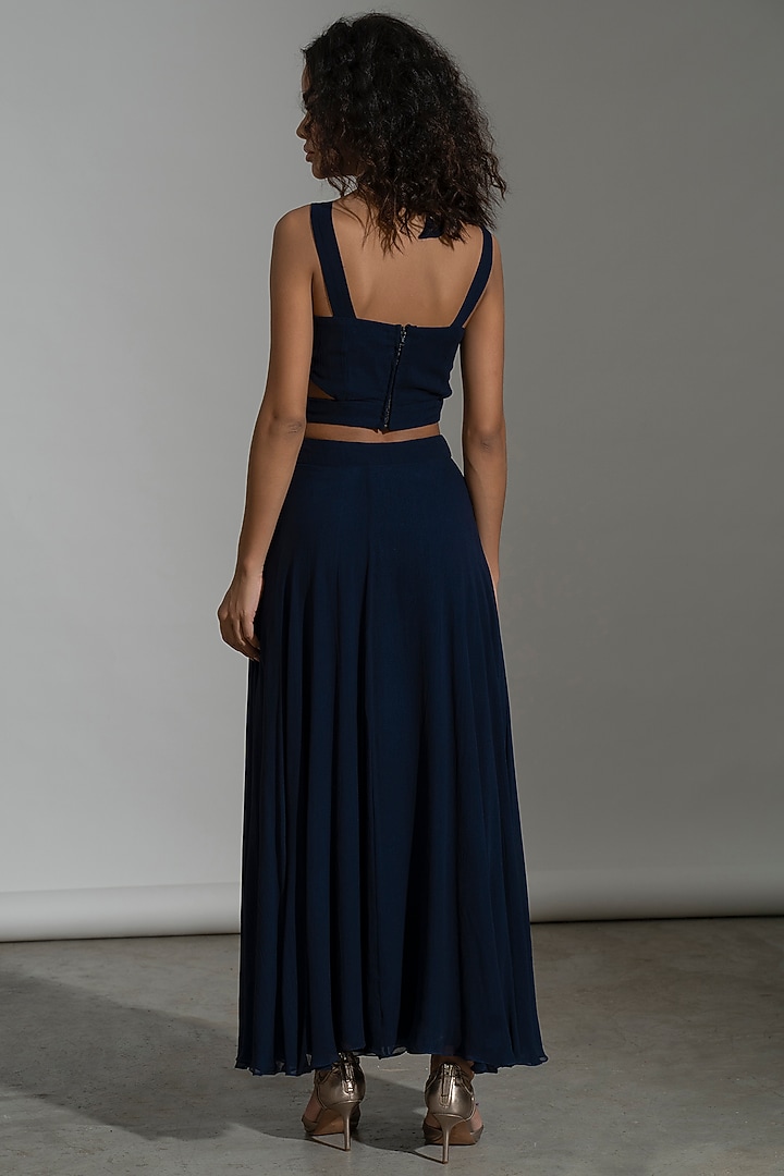 Blue Viscose Georgette Flared Skirt Set by AMRTA By Guneet Kondal at Pernia's Pop Up Shop