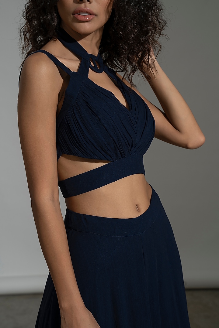 Blue Viscose Georgette Flared Skirt Set by AMRTA By Guneet Kondal at Pernia's Pop Up Shop