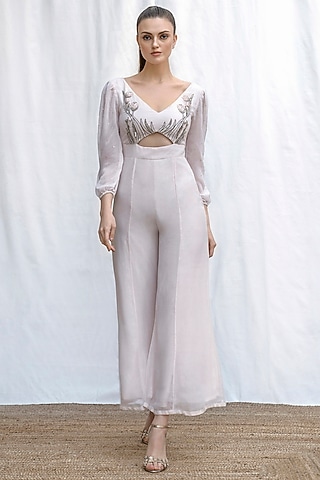 Light Rose Pink Viscose Georgette Sequins Embroidered Jumpsuit by AMRTA By Guneet Kondal