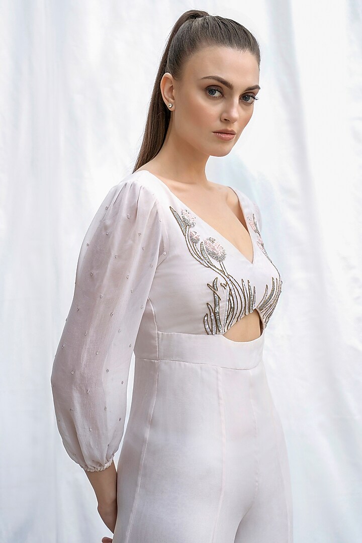 Light Rose Pink Viscose Georgette Sequins Embroidered Jumpsuit by AMRTA By Guneet Kondal at Pernia's Pop Up Shop