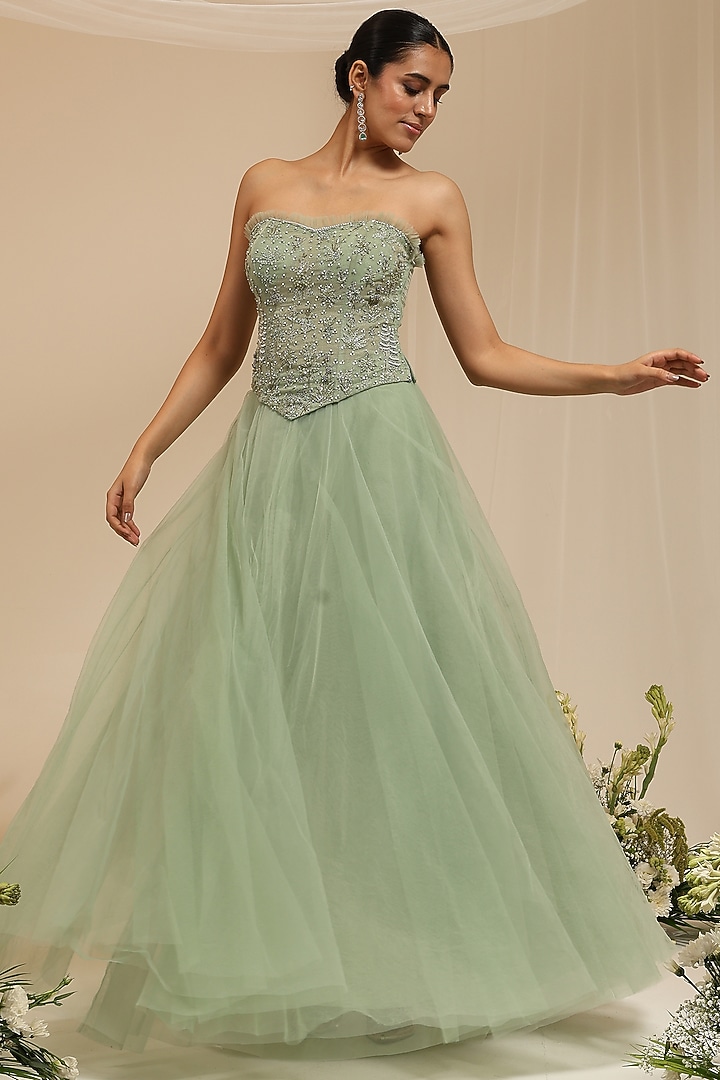 Mint Tulle Layered Skirt Set by AMRTA By Guneet Kondal at Pernia's Pop Up Shop