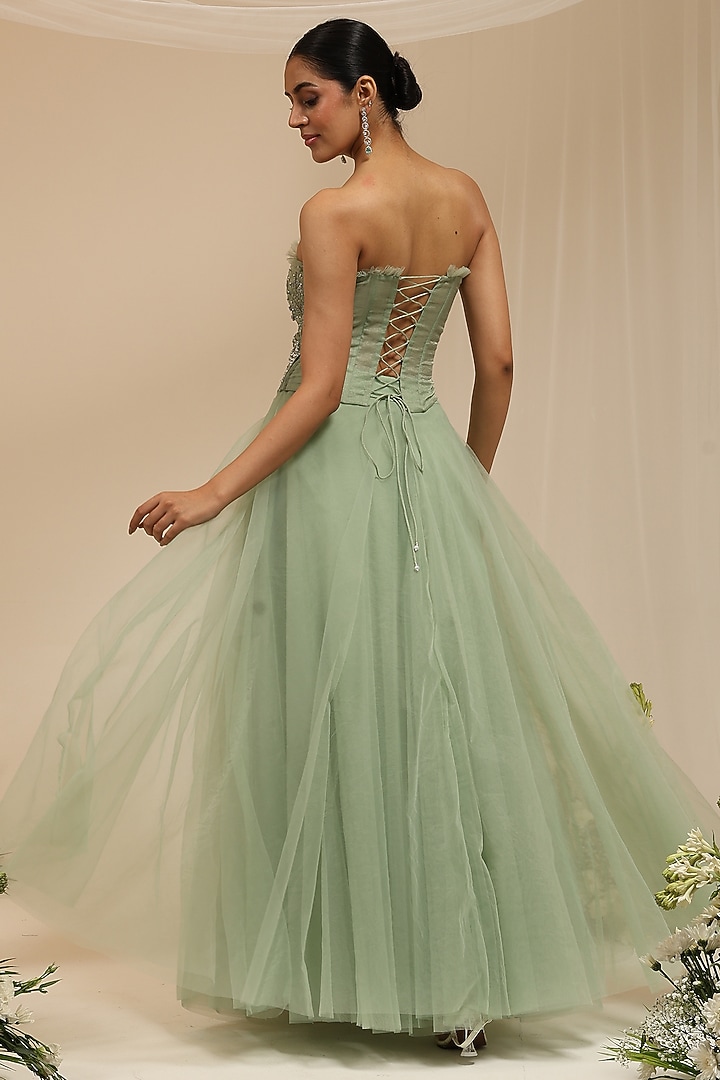 Mint Tulle Layered Skirt Set by AMRTA By Guneet Kondal at Pernia's Pop Up Shop