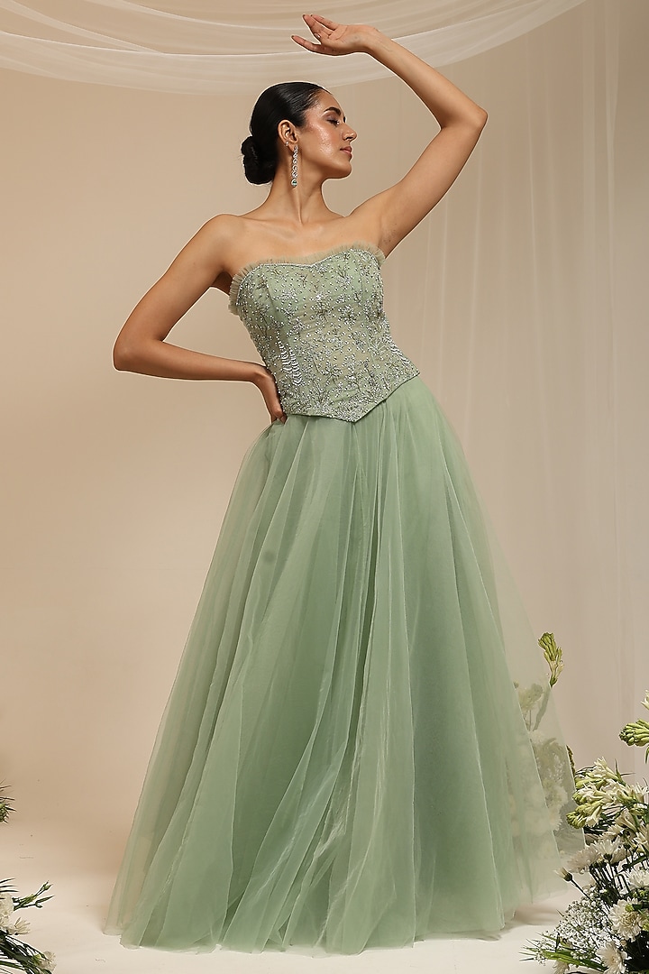 Mint Tulle Layered Skirt Set by AMRTA By Guneet Kondal at Pernia's Pop Up Shop