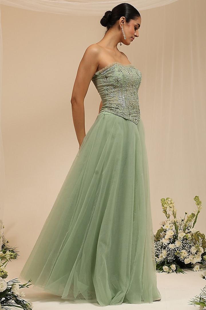 Mint Tulle Layered Skirt Set by AMRTA By Guneet Kondal at Pernia's Pop Up Shop