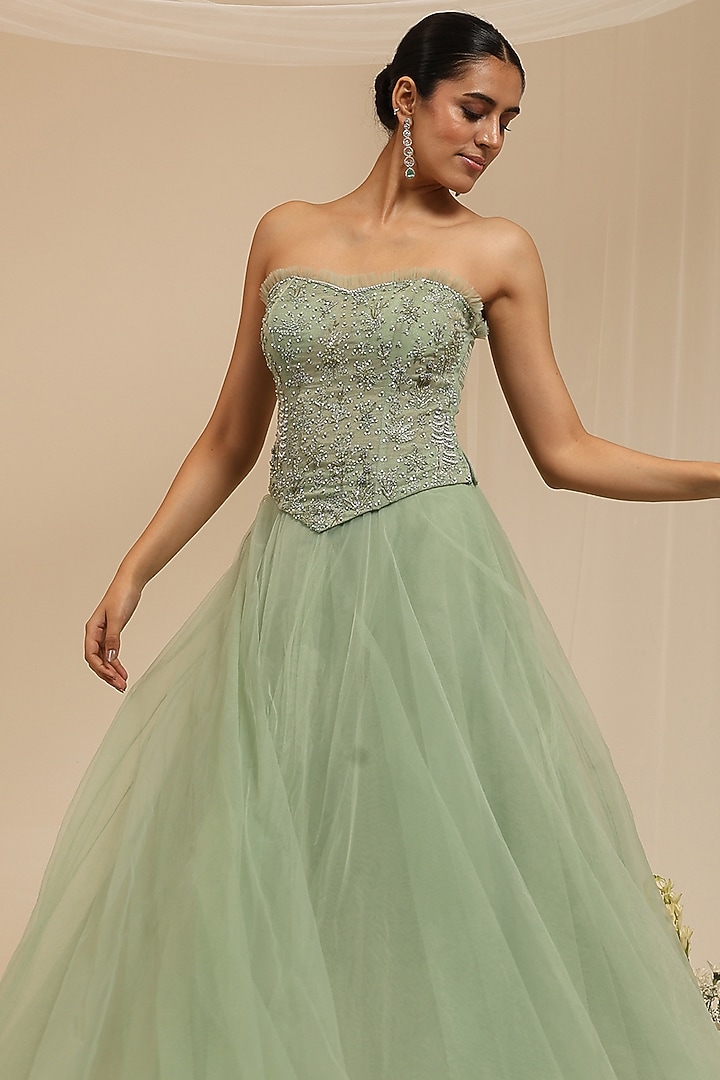 Mint Tulle Layered Skirt Set by AMRTA By Guneet Kondal at Pernia's Pop Up Shop