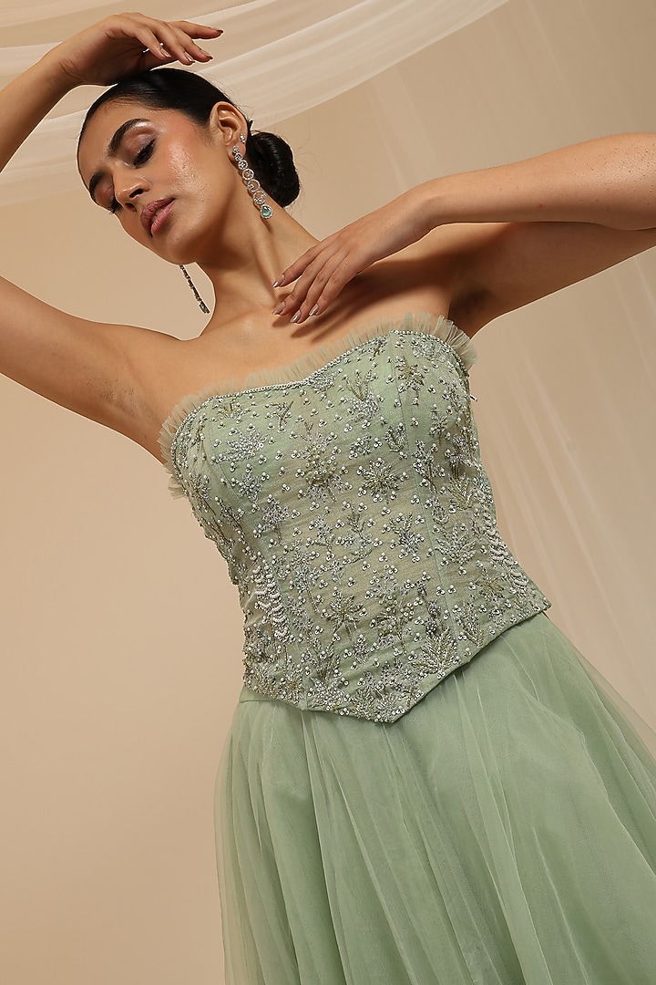 Mint Tulle Layered Skirt Set by AMRTA By Guneet Kondal at Pernia's Pop Up Shop