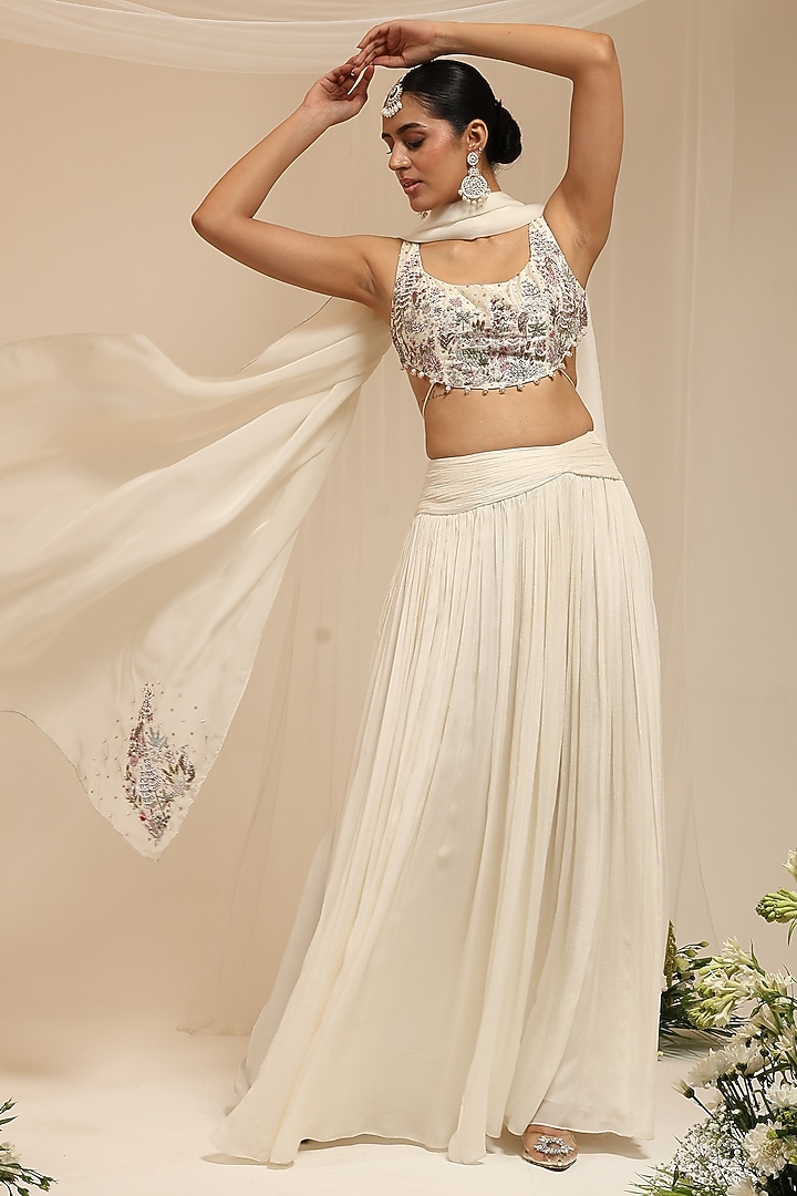 Neutral-Colored Chinon & Organza Wedding Lehenga Set by AMRTA By Guneet Kondal at Pernia's Pop Up Shop