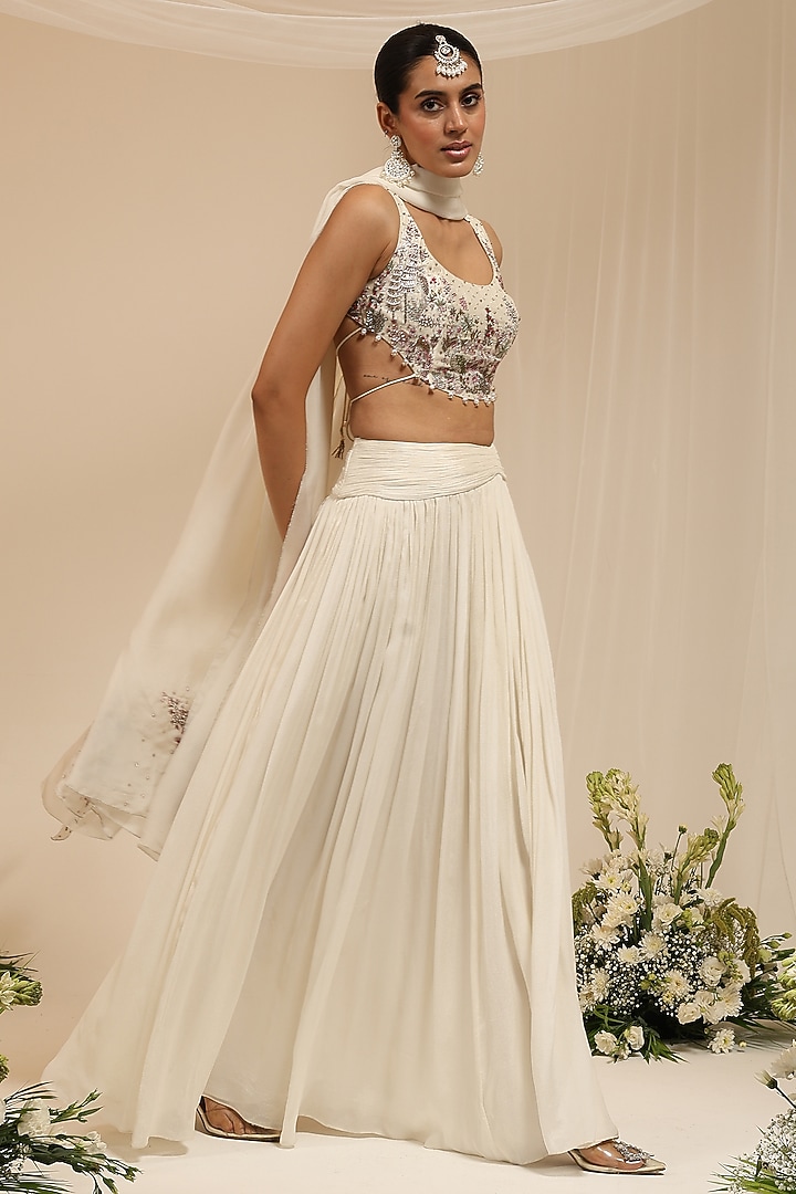 Neutral-Colored Chinon & Organza Wedding Lehenga Set by AMRTA By Guneet Kondal at Pernia's Pop Up Shop