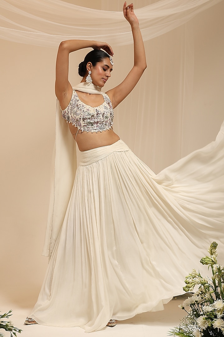 Neutral-Colored Chinon & Organza Wedding Lehenga Set by AMRTA By Guneet Kondal at Pernia's Pop Up Shop