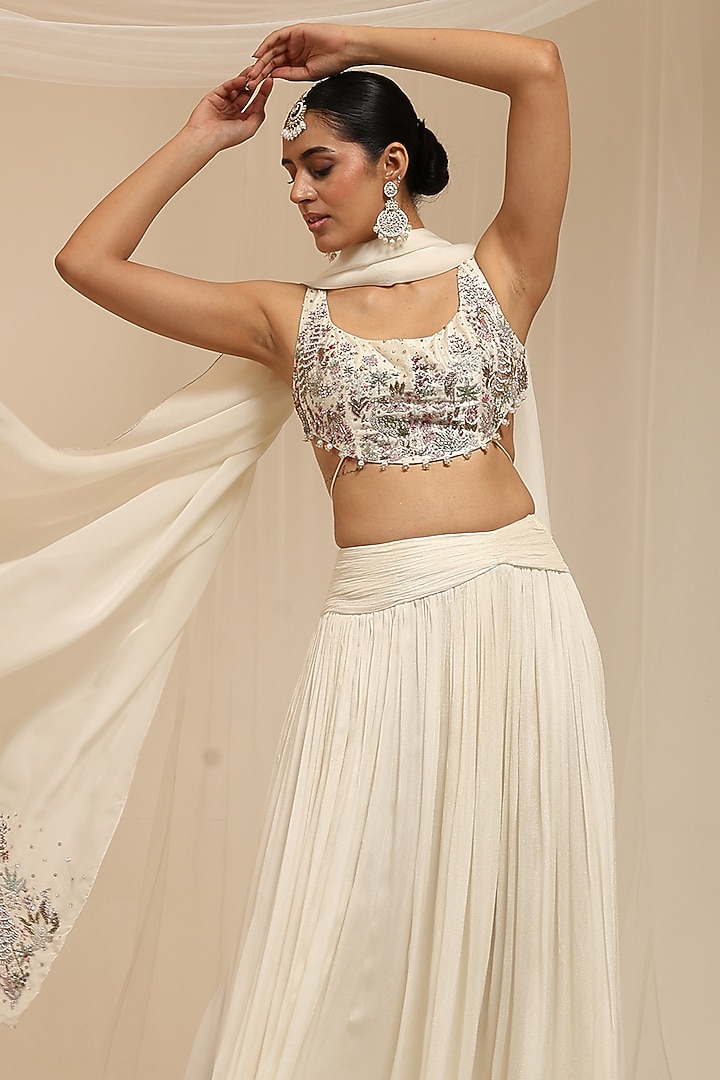 Neutral-Colored Chinon & Organza Wedding Lehenga Set by AMRTA By Guneet Kondal at Pernia's Pop Up Shop