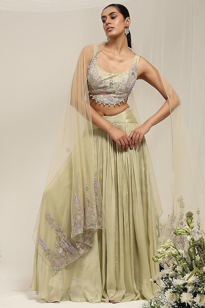 Green Chinon Wedding Lehenga Set by AMRTA By Guneet Kondal at Pernia's Pop Up Shop