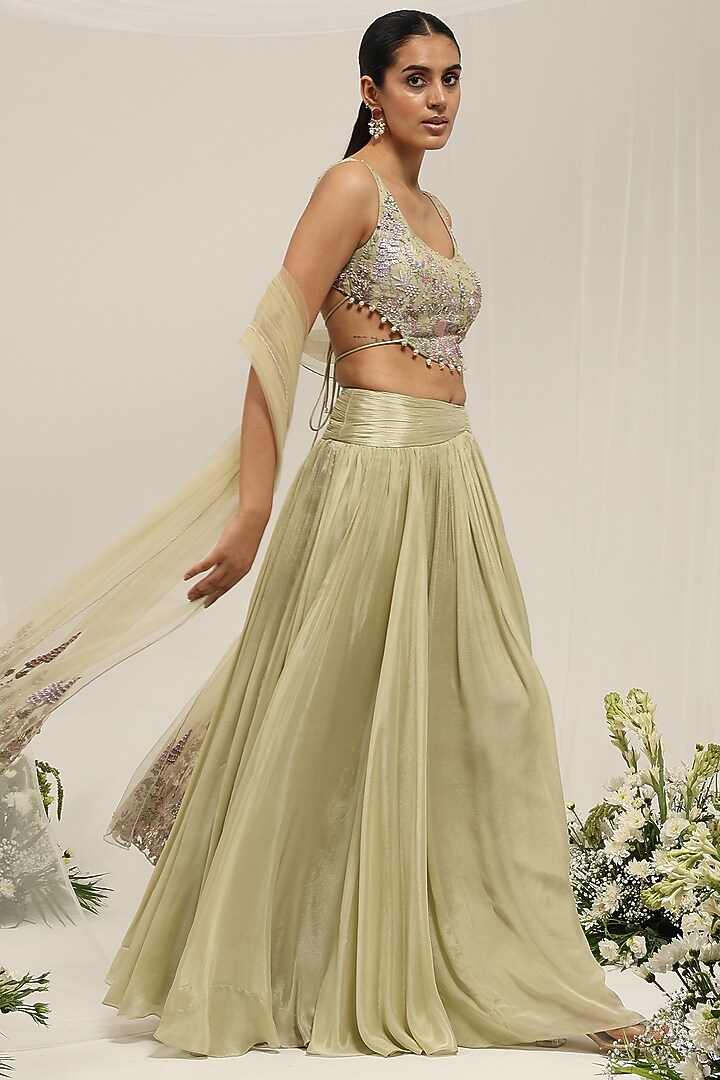 Green Chinon Wedding Lehenga Set by AMRTA By Guneet Kondal at Pernia's Pop Up Shop