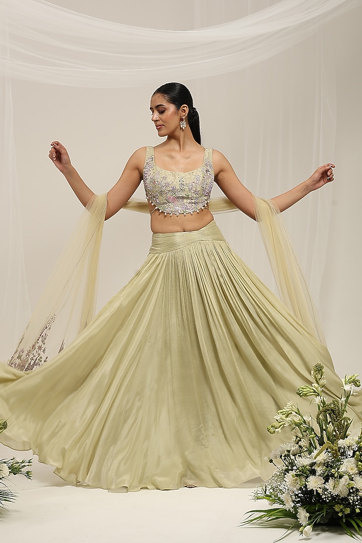 Green Chinon Wedding Lehenga Set by AMRTA By Guneet Kondal at Pernia's Pop Up Shop