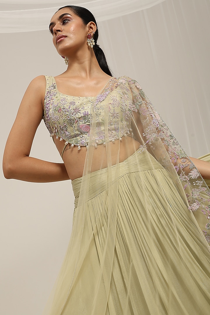Green Chinon Wedding Lehenga Set by AMRTA By Guneet Kondal at Pernia's Pop Up Shop