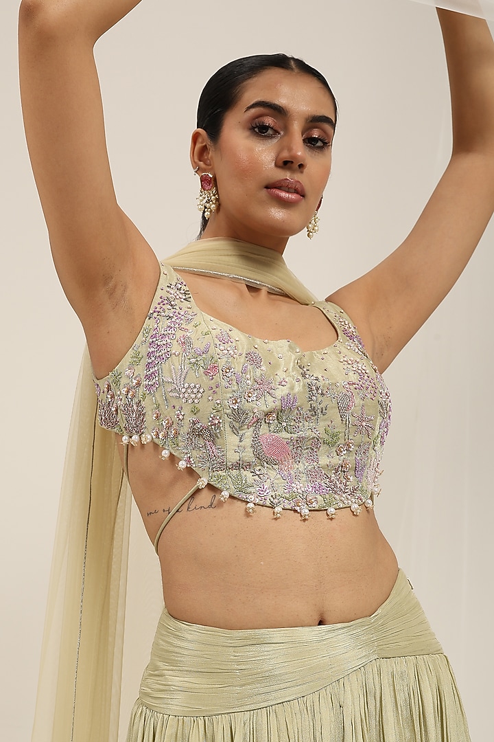 Green Chinon Wedding Lehenga Set by AMRTA By Guneet Kondal at Pernia's Pop Up Shop