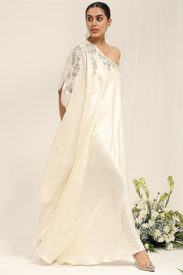 Neutral-Colored Silk Dupion Hand Embellished One-Shoulder Kaftan by AMRTA By Guneet Kondal at Pernia's Pop Up Shop