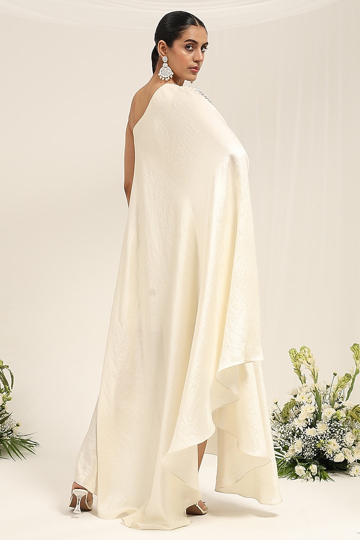 Neutral-Colored Silk Dupion Hand Embellished One-Shoulder Kaftan by AMRTA By Guneet Kondal at Pernia's Pop Up Shop