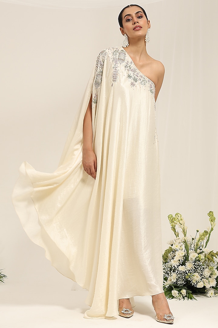 Neutral-Colored Silk Dupion Hand Embellished One-Shoulder Kaftan by AMRTA By Guneet Kondal at Pernia's Pop Up Shop