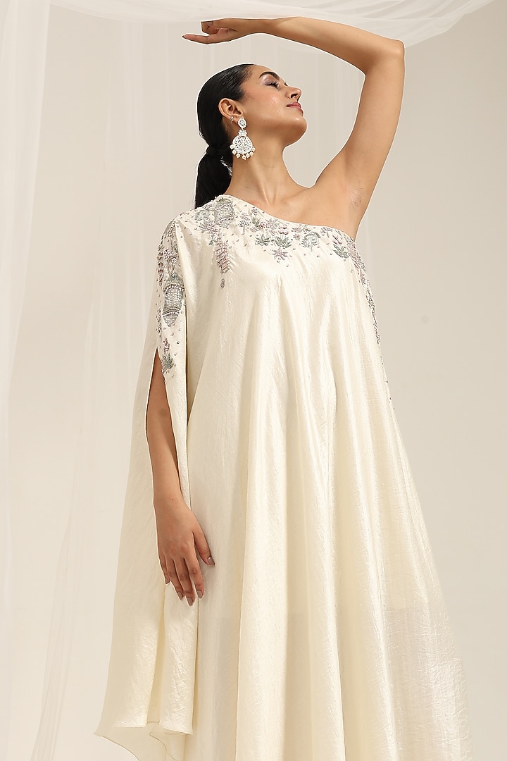Neutral-Colored Silk Dupion Hand Embellished One-Shoulder Kaftan by AMRTA By Guneet Kondal at Pernia's Pop Up Shop