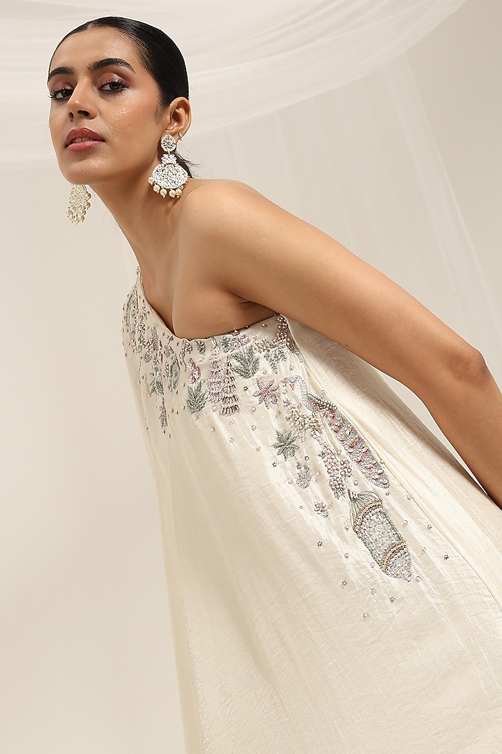 Neutral-Colored Silk Dupion Hand Embellished One-Shoulder Kaftan by AMRTA By Guneet Kondal at Pernia's Pop Up Shop