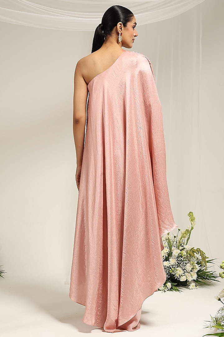 Pink Silk Dupion Hand Embellished One-Shoulder Kaftan by AMRTA By Guneet Kondal at Pernia's Pop Up Shop