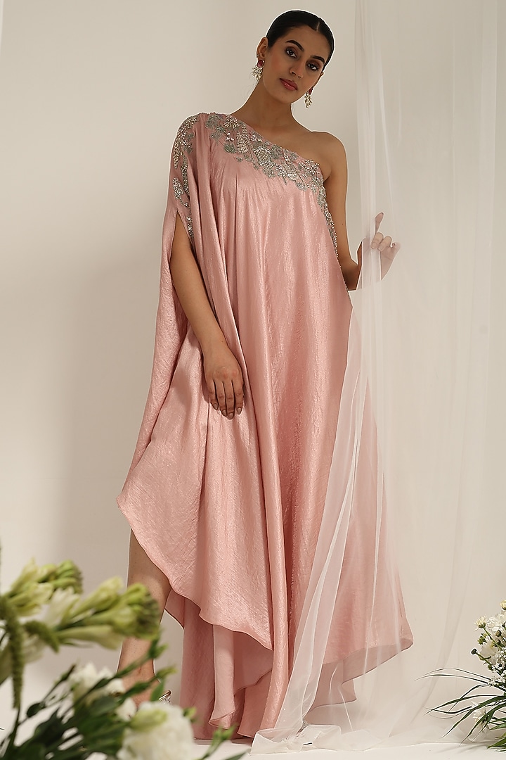 Pink Silk Dupion Hand Embellished One-Shoulder Kaftan by AMRTA By Guneet Kondal at Pernia's Pop Up Shop