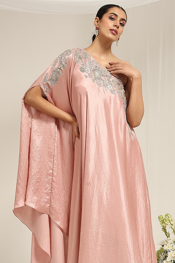 Pink Silk Dupion Hand Embellished One-Shoulder Kaftan by AMRTA By Guneet Kondal at Pernia's Pop Up Shop
