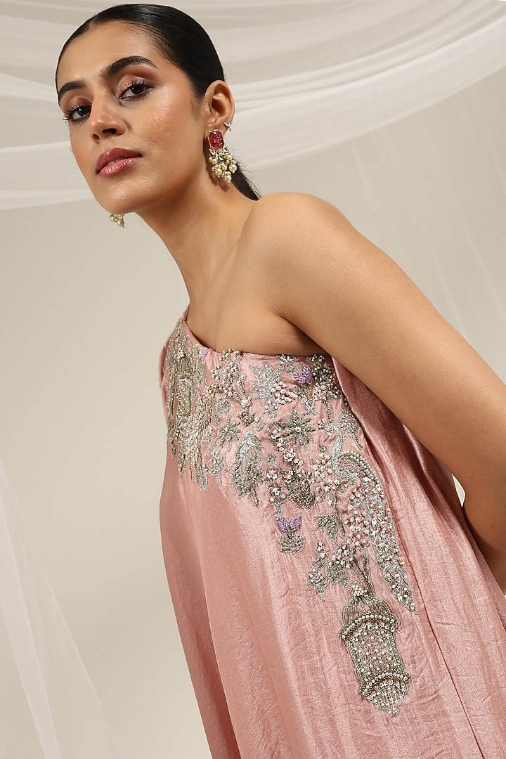 Pink Silk Dupion Hand Embellished One-Shoulder Kaftan by AMRTA By Guneet Kondal at Pernia's Pop Up Shop