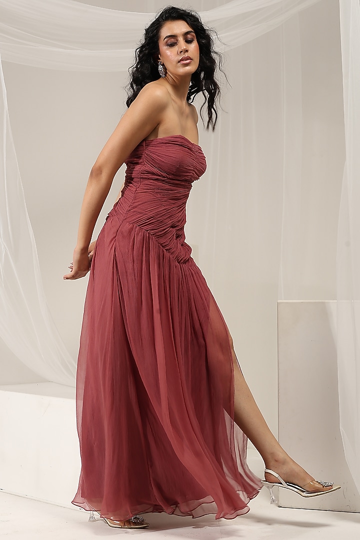 Rustic Rose Chiffon Strapless Gathered Party Wear Gown by AMRTA By Guneet Kondal at Pernia's Pop Up Shop