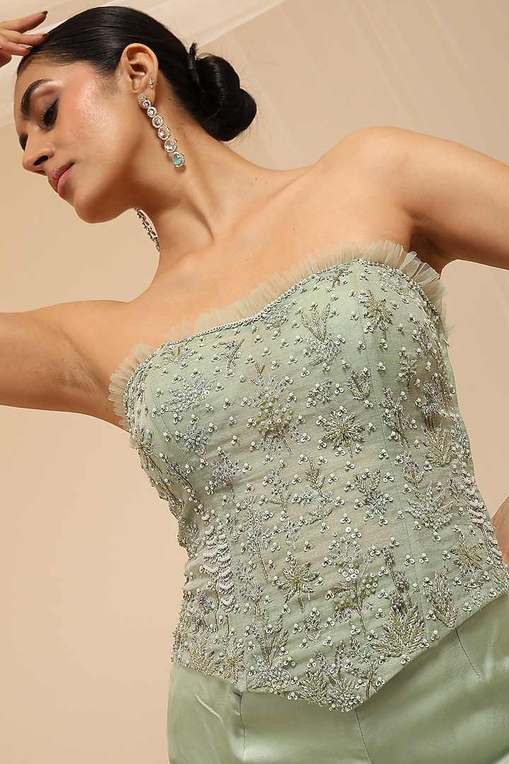 Mint Satin Wide-Leg Pant Set by AMRTA By Guneet Kondal at Pernia's Pop Up Shop