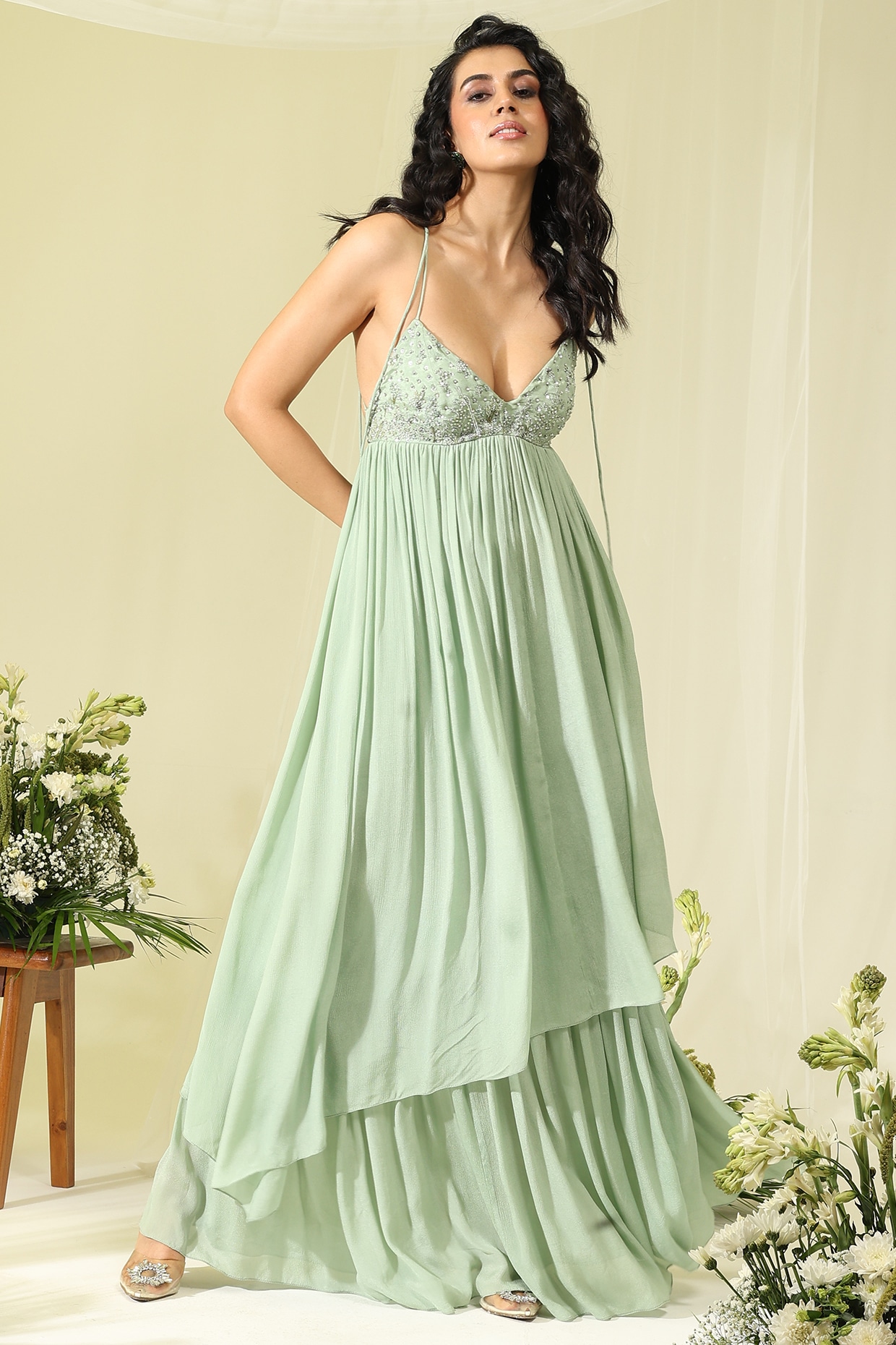 AMRTA By Guneet Kondal Mint Chinon Crystal Hand Embroidered Dress