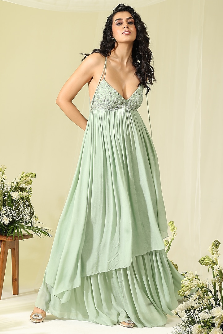 Mint Chinon Crystal Hand Embroidered Vacation Dress by AMRTA By Guneet Kondal at Pernia's Pop Up Shop