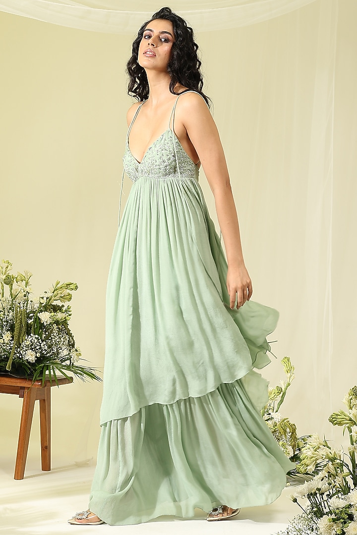 Mint Chinon Crystal Hand Embroidered Vacation Dress by AMRTA By Guneet Kondal at Pernia's Pop Up Shop
