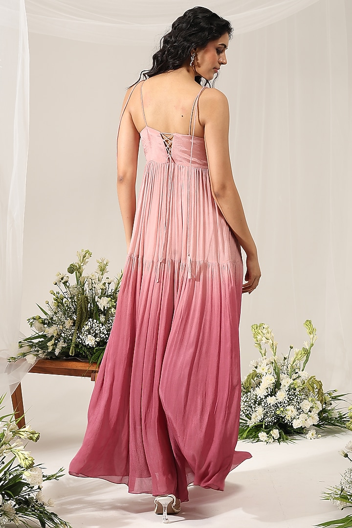 Rose Pink Ombre Chinon Hand Embroidered Vacation Dress by AMRTA By Guneet Kondal at Pernia's Pop Up Shop