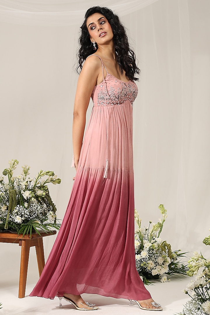 Rose Pink Ombre Chinon Hand Embroidered Vacation Dress by AMRTA By Guneet Kondal at Pernia's Pop Up Shop