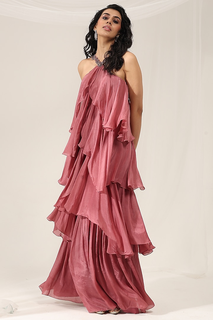 Rustic Pink Chinon Floral Embellished Halter Party Wear Gown by AMRTA By Guneet Kondal at Pernia's Pop Up Shop