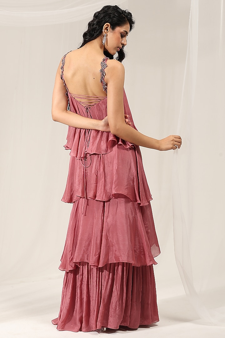 Rustic Pink Chinon Floral Embellished Halter Party Wear Gown by AMRTA By Guneet Kondal at Pernia's Pop Up Shop