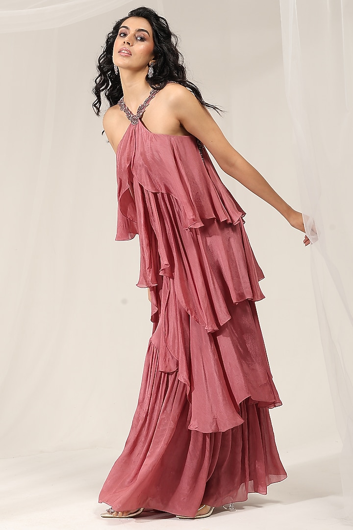Rustic Pink Chinon Floral Embellished Halter Party Wear Gown by AMRTA By Guneet Kondal at Pernia's Pop Up Shop