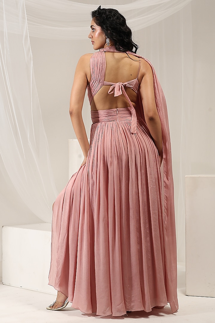 Rose Pink Chinon Gathered Party Wear Gown by AMRTA By Guneet Kondal at Pernia's Pop Up Shop