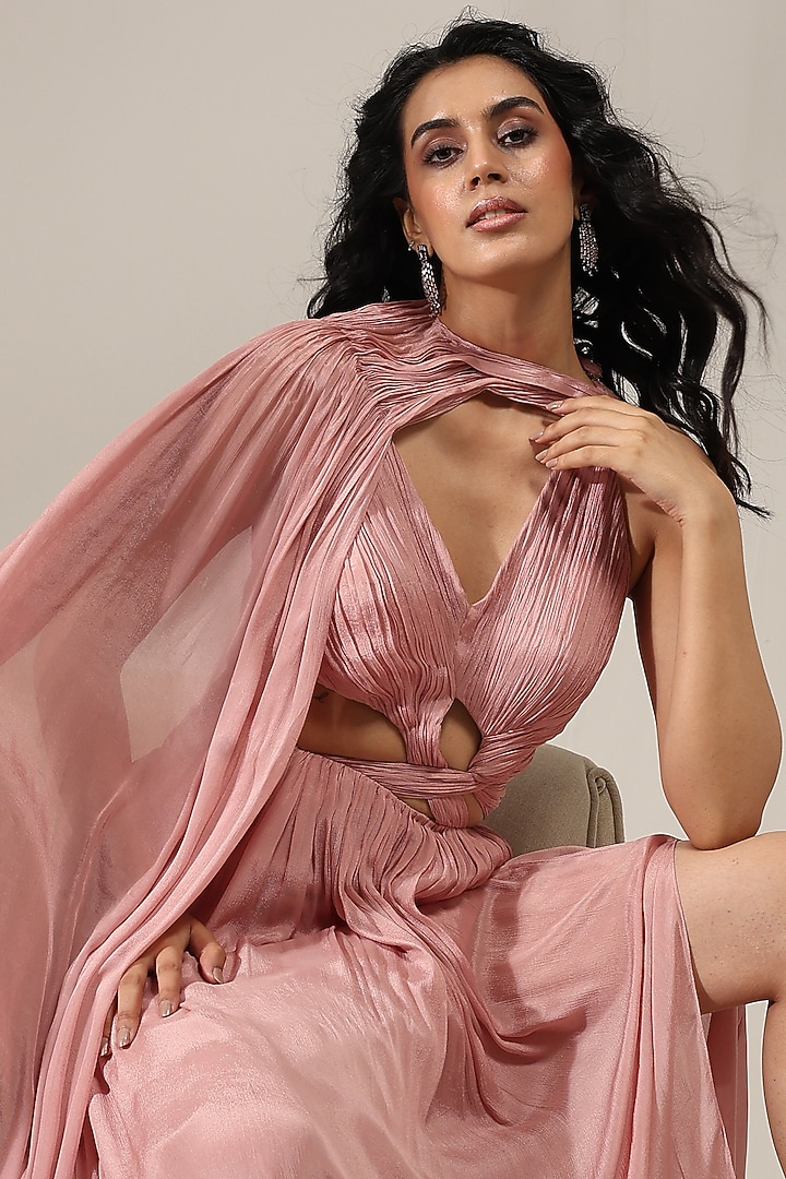 Rose Pink Chinon Gathered Party Wear Gown by AMRTA By Guneet Kondal at Pernia's Pop Up Shop